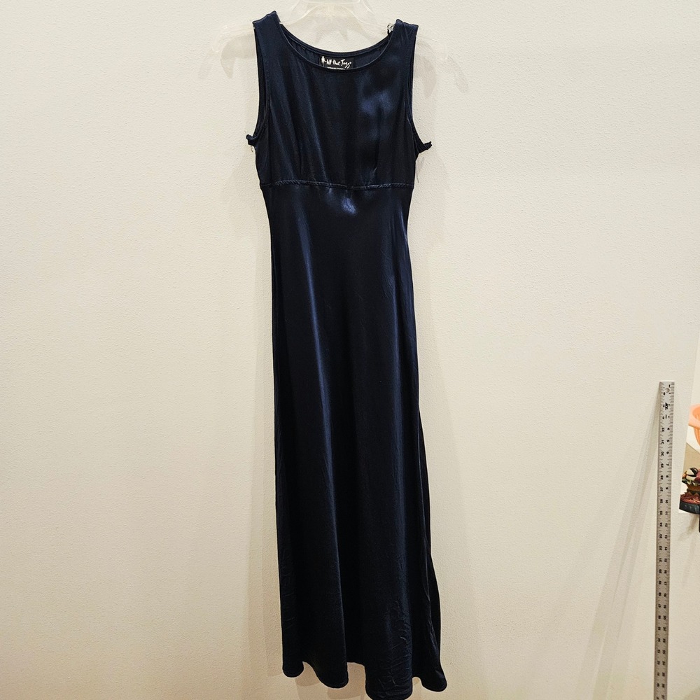 Vintage All That Jazz Navy Satin Sleeveless Empire Waist Maxi Dress 7/8 #hoco